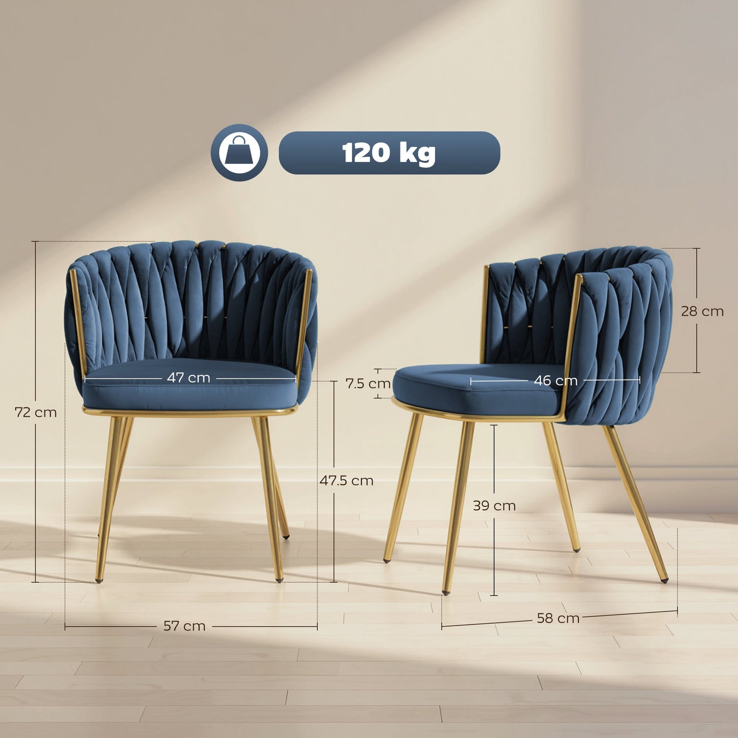 HOMCOM Velvet-Feel Dining Chairs Set of 2, Modern Upholstered Kitchen Chairs with Woven Backrest and Armrests, Metal Legs and Padded Seat for Dining Room, Bedroom, Living Room, Dark Blue