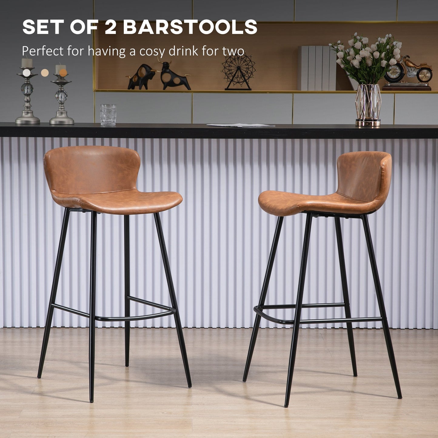 HOMCOM Bar Stools Set of 2, PU Leather Upholstered Bar Chairs, Breakfast Kitchen Counter Chairs with Backs, Steel Legs and Footrests for Dining Room, Brown