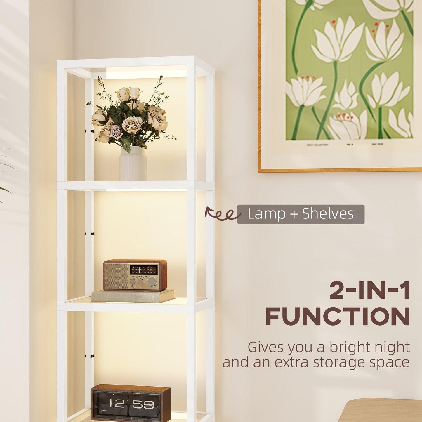 HOMCOM LED Floor Lamp with Glass Shelves, 4 Layers Dimmable Tall Standing Lamp, Modern Column Shelf Floor Light for Living Room, Bedroom, Office, White