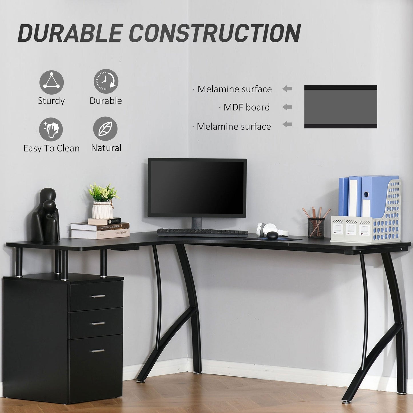 HOMCOM L-Shaped Computer Desk Table with Storage Drawer, Home Office Desk Corner Industrial Style Workstation for A4 Files 143.5 x 143.5 x 76cm, Black