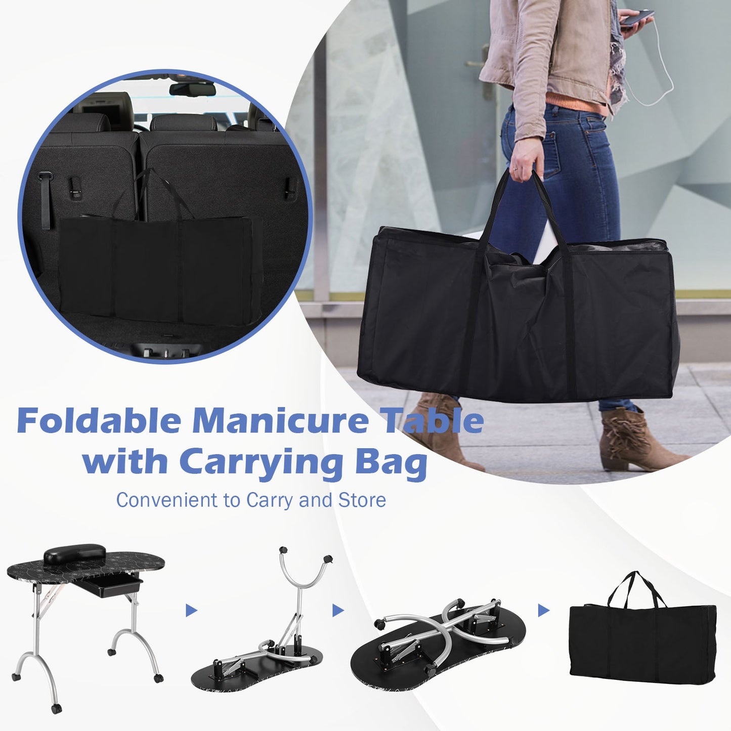 Portable Nail Table Station Manicure Tech Desk Nails Art Table 4 Rolling Wheels-Black