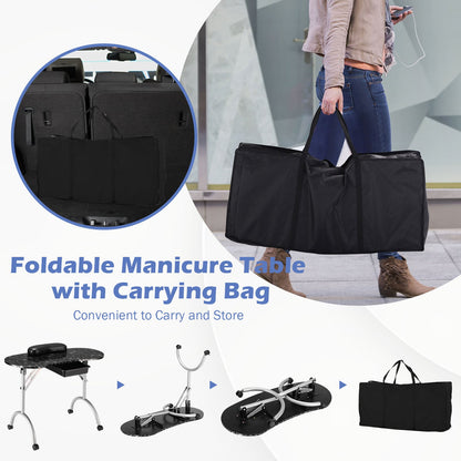 Portable Nail Table Station Manicure Tech Desk Nails Art Table 4 Rolling Wheels-Black