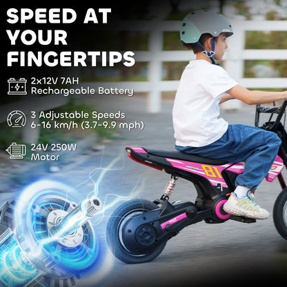 AIYAPLAY Kids Electric Motorbike, 24V Ride On Motorcycle with 3 Speeds and Rear Suspension, Dirt Bike for 8-12 Years Old, Pink
