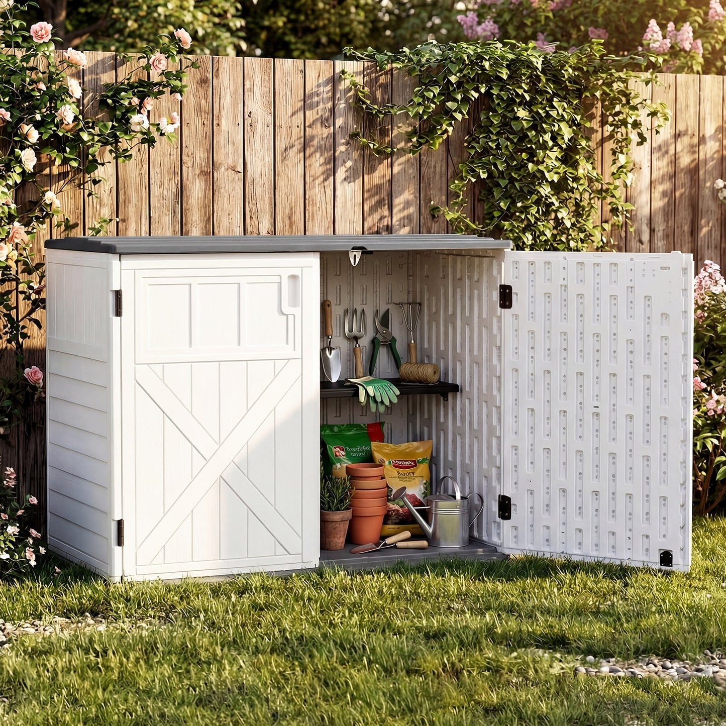 HDPE Horizontal Storage Shed with 3-Level Adjustable Shelf Lockable Lid and Doors-White