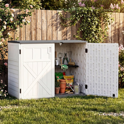HDPE Horizontal Storage Shed with 3-Level Adjustable Shelf Lockable Lid and Doors-White