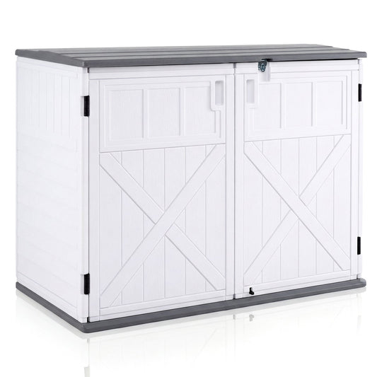 HDPE Horizontal Storage Shed with 3-Level Adjustable Shelf Lockable Lid and Doors-White