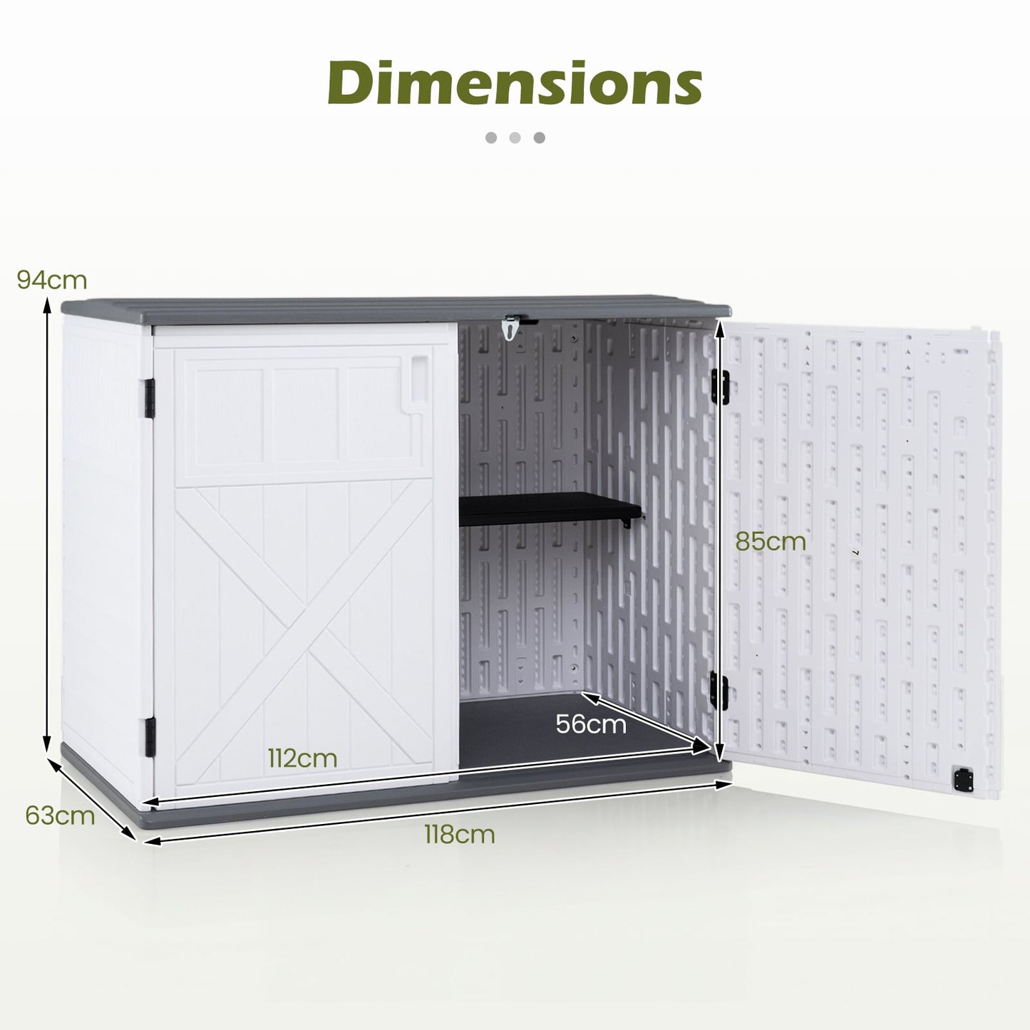 HDPE Horizontal Storage Shed with 3-Level Adjustable Shelf Lockable Lid and Doors-White