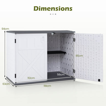 HDPE Horizontal Storage Shed with 3-Level Adjustable Shelf Lockable Lid and Doors-White