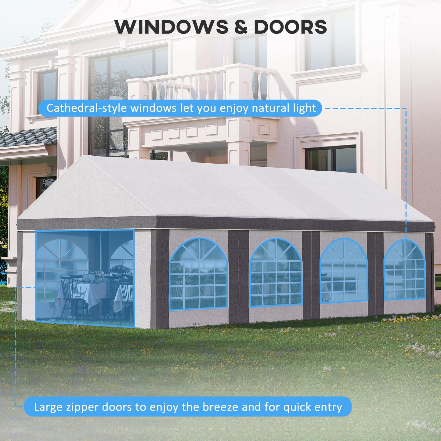 Outsunny 8m x 4m Marquee Gazebo with Sides, Level 4 Wind Protection & Waterproof, Light Grey