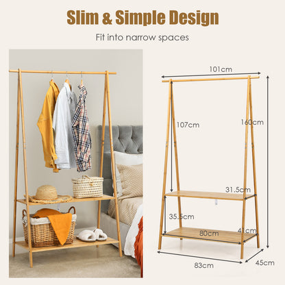 Bamboo Garment Rack with Hanging Rod 2 Shelves and Hooks-Natural