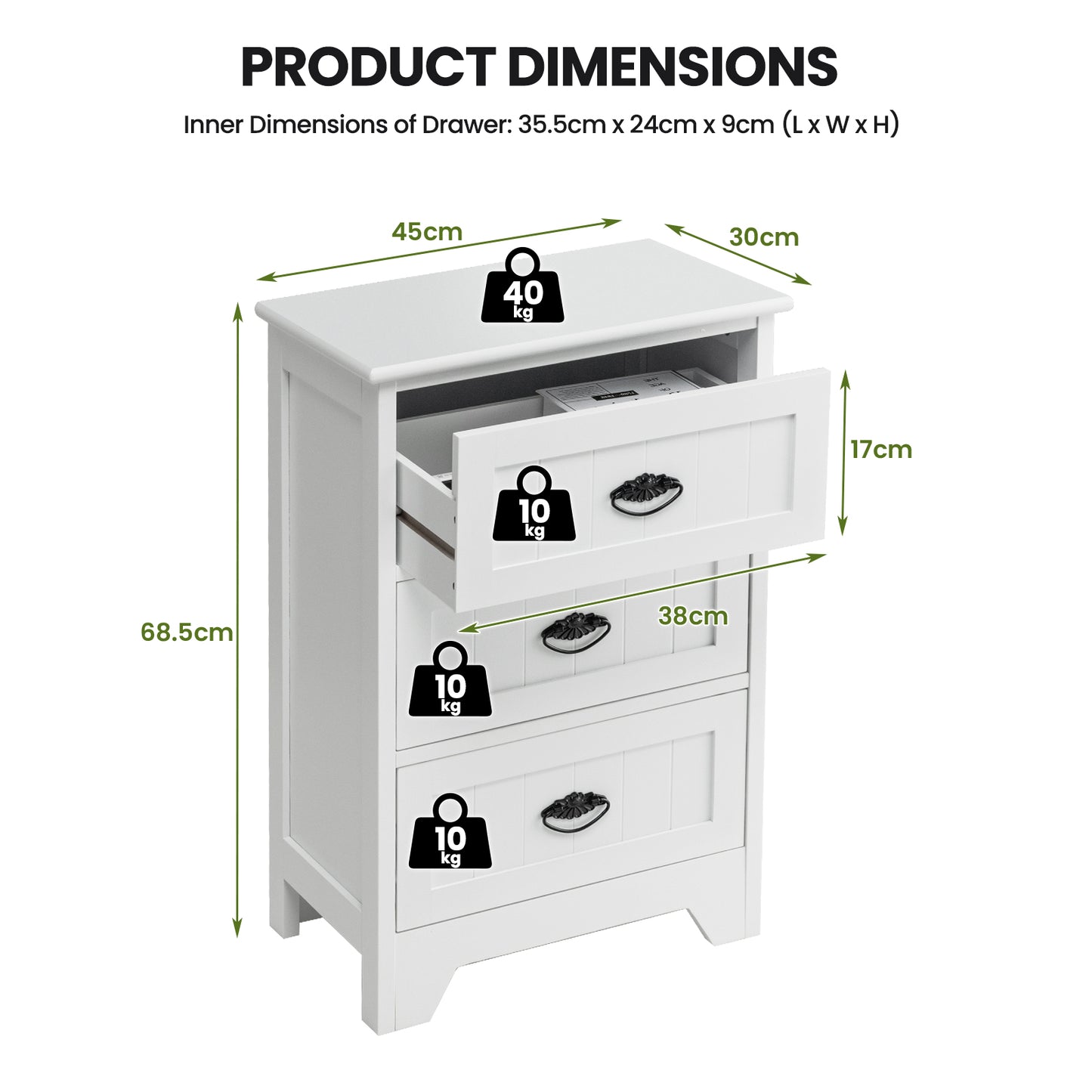 3-Tier Vintage Nightstand with Exquisite Metal Handles-White