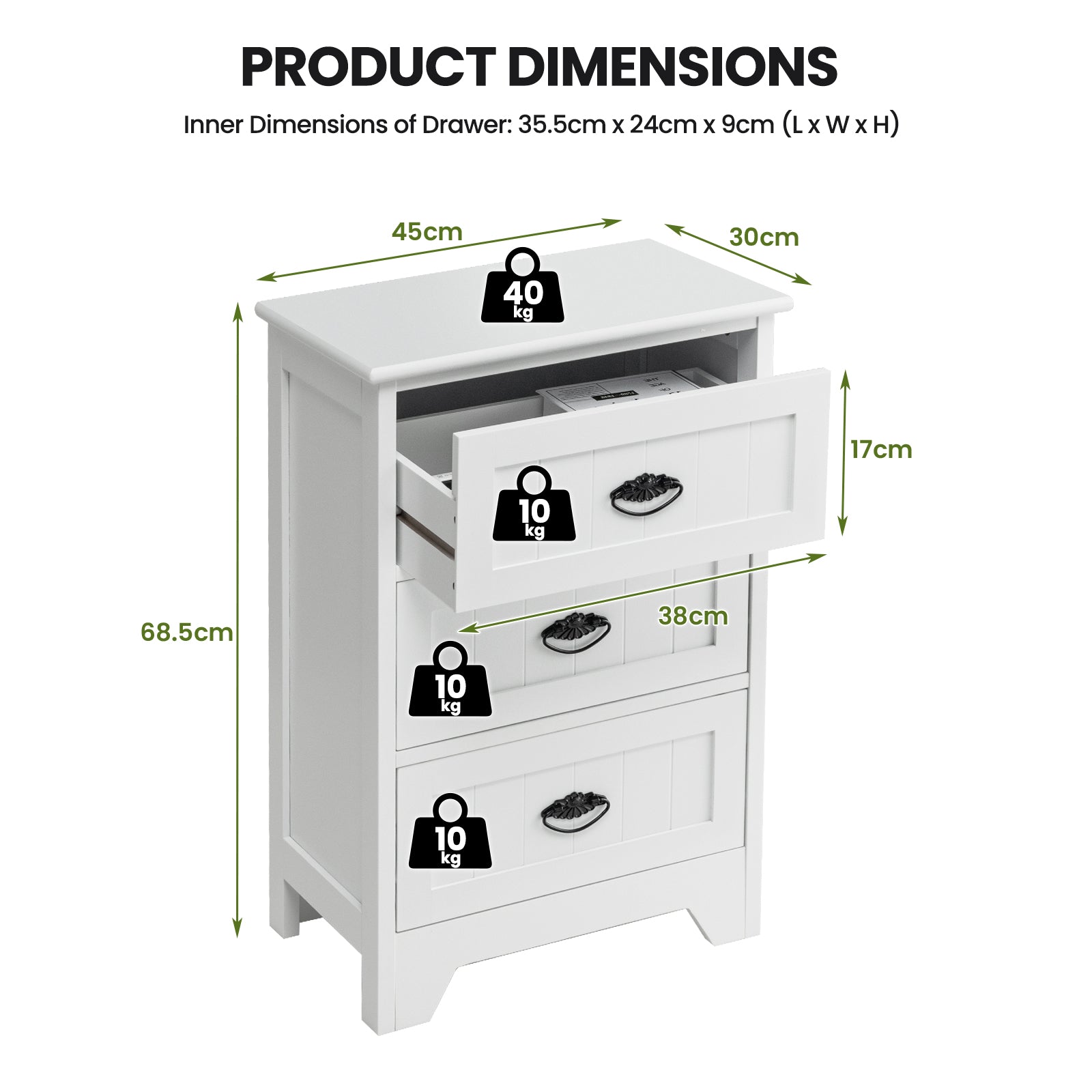 3-Tier Vintage Nightstand with Exquisite Metal Handles-White
