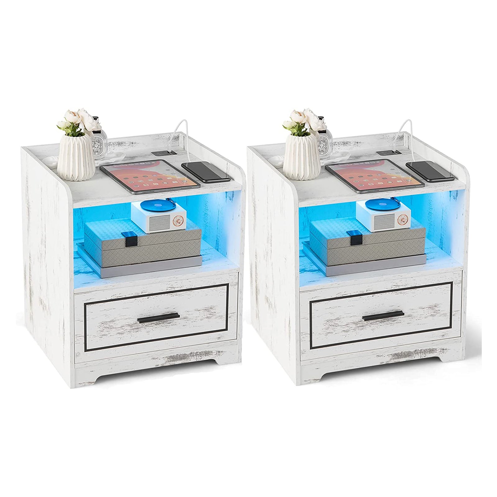 Smart LED Nightstand Sofa Side Table with USB Charging Station-White