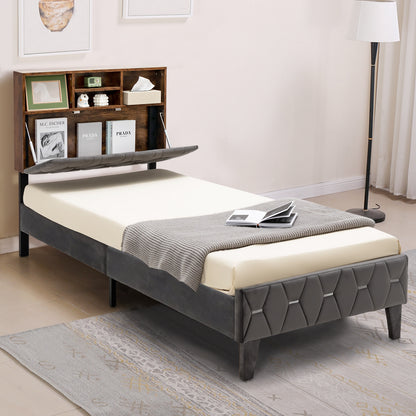 Single/Double Bed Frame with Storage Headboard and Slat Support-Single Size