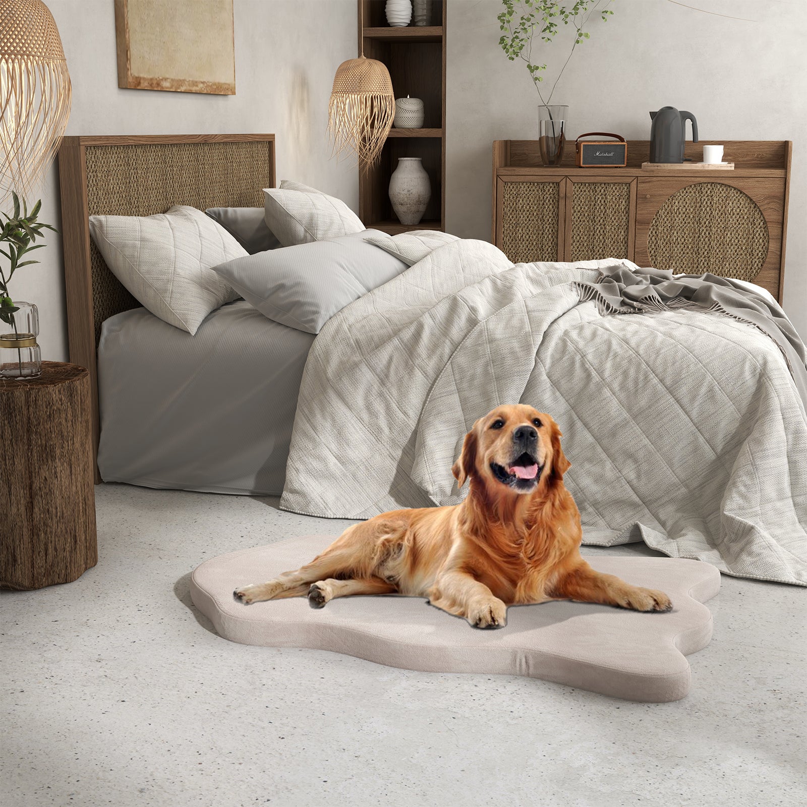 Large Dog Bed with Memory Foam Support and Removable Cover-Beige