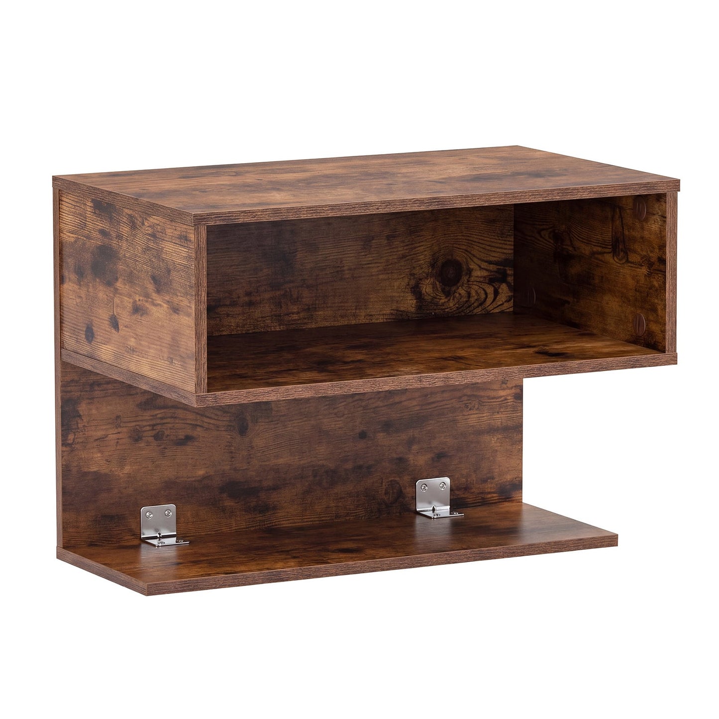 Wall Mounted Bedside Table with Storage Shelves-Rustic Brown