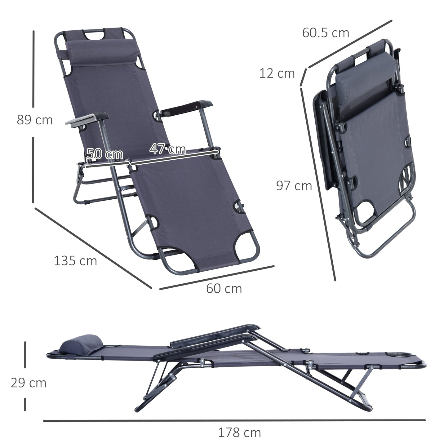 Outsunny 2 in 1 Folding Sun Lounger Reclining Garden Chair Set of 2 with 2-Level Adjustable Backrest, Outdoor Zero Gravity Recliner Garden Chairs with Head Pillow and Armrests, Grey