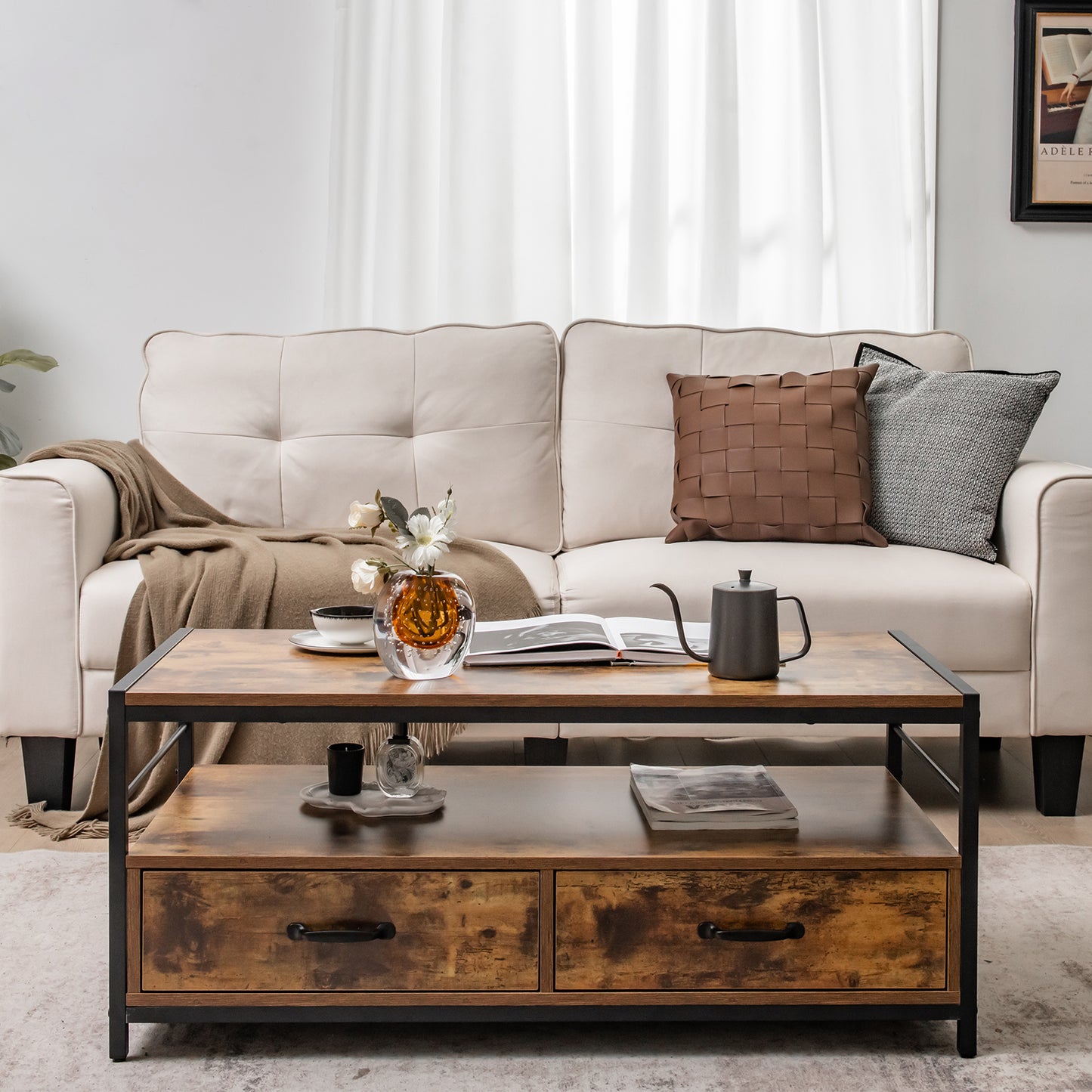 Coffee Table with Storage Drawers and Shelf-Rustic Brown