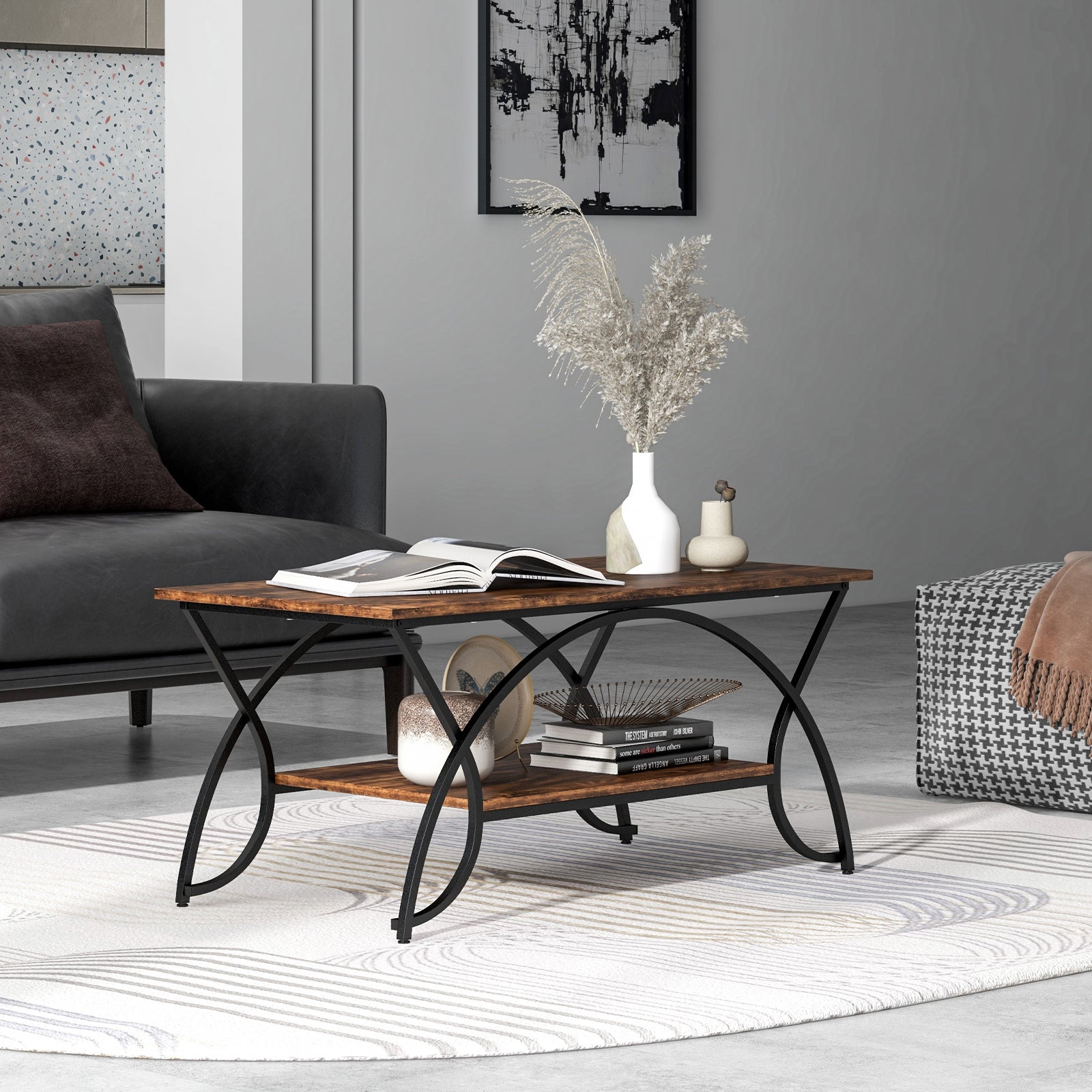 2-Tier Faux Marble Coffee Table with Golden Metal Frame-Rustic Brown