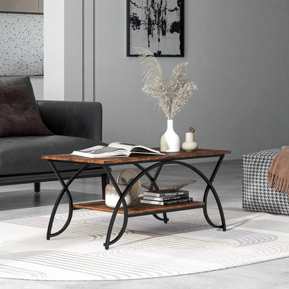 2-Tier Faux Marble Coffee Table with Golden Metal Frame-Rustic Brown