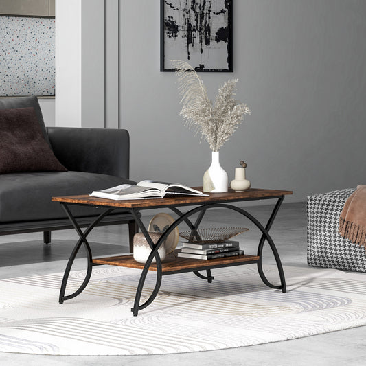 2-Tier Faux Marble Coffee Table with Golden Metal Frame-Rustic Brown