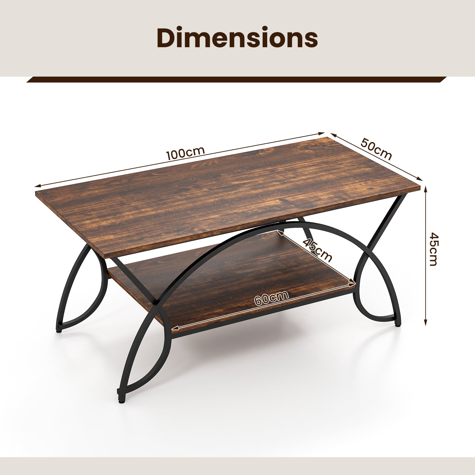 2-Tier Faux Marble Coffee Table with Golden Metal Frame-Rustic Brown