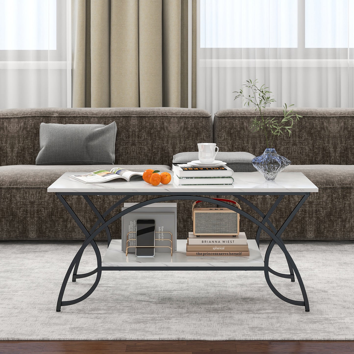 2-Tier Faux Marble Coffee Table with Golden Metal Frame-Marble White