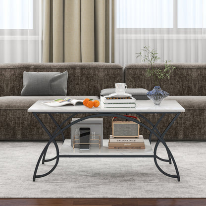 2-Tier Faux Marble Coffee Table with Golden Metal Frame-Marble White