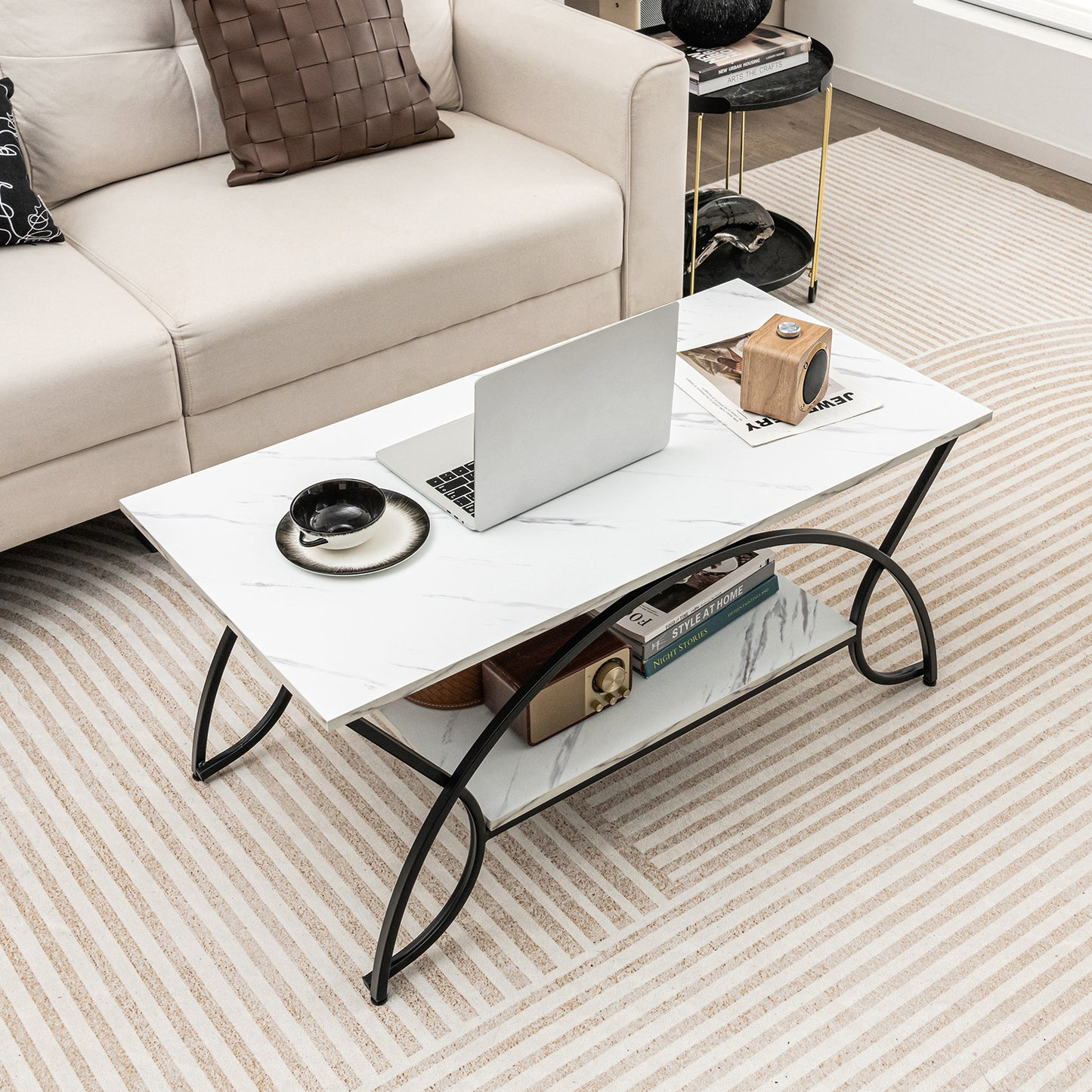 2-Tier Faux Marble Coffee Table with Golden Metal Frame-Marble White
