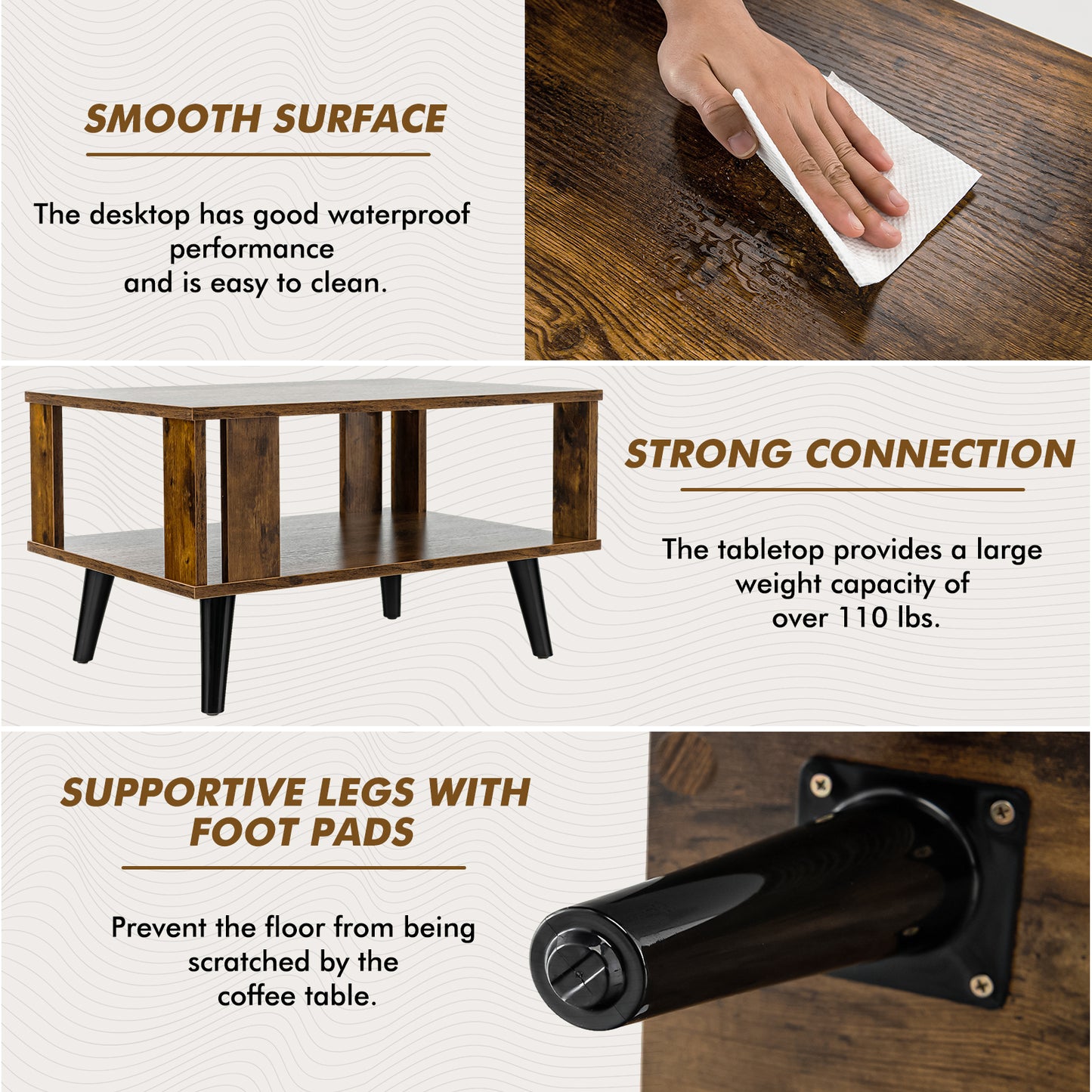 Wooden Industrial Coffee Table with Storage Shelf for Home Office-Brown