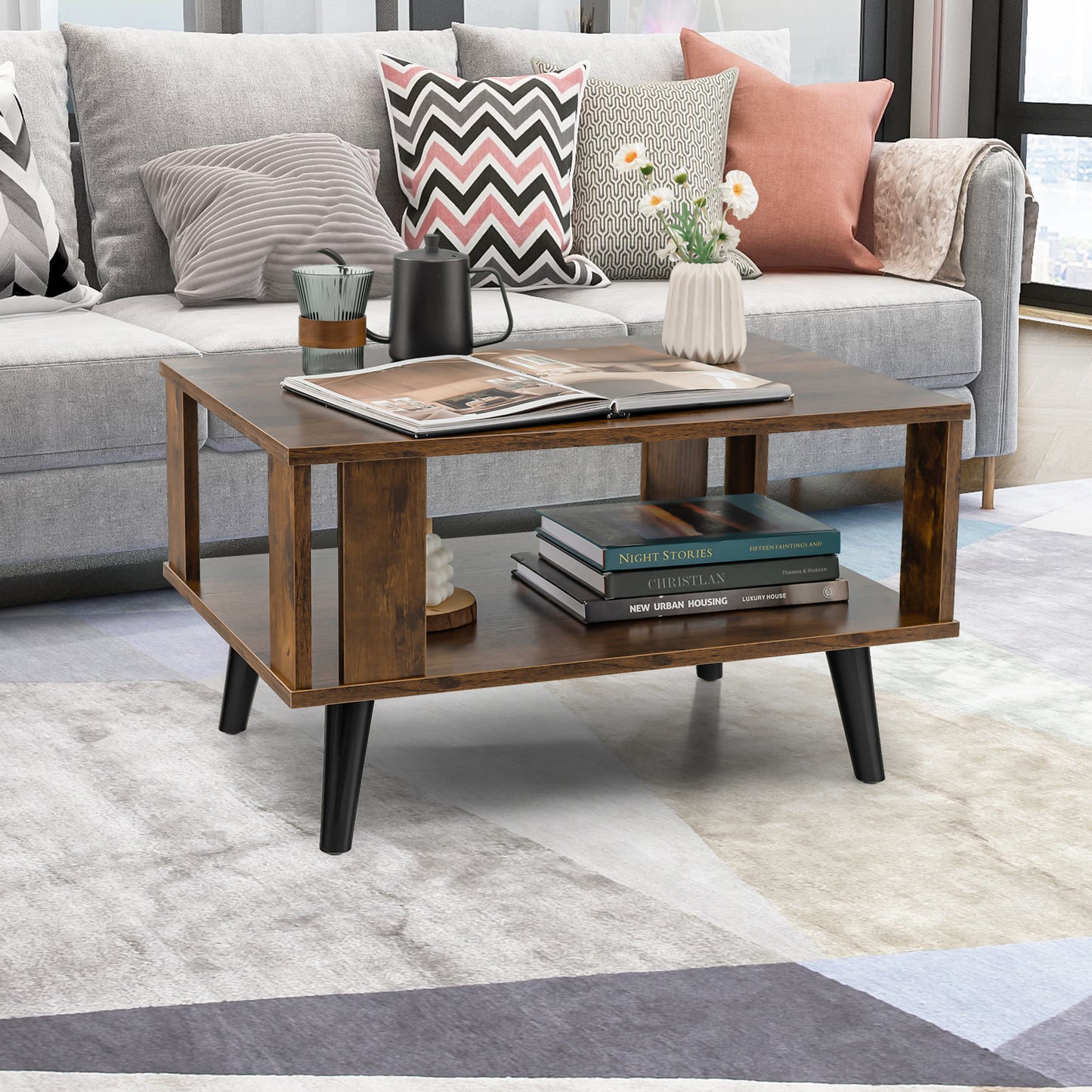 Wooden Industrial Coffee Table with Storage Shelf for Home Office-Brown