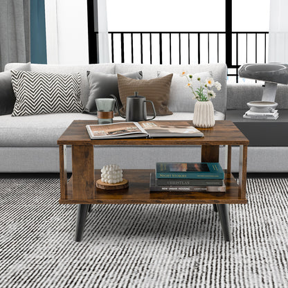 Wooden Industrial Coffee Table with Storage Shelf for Home Office-Brown