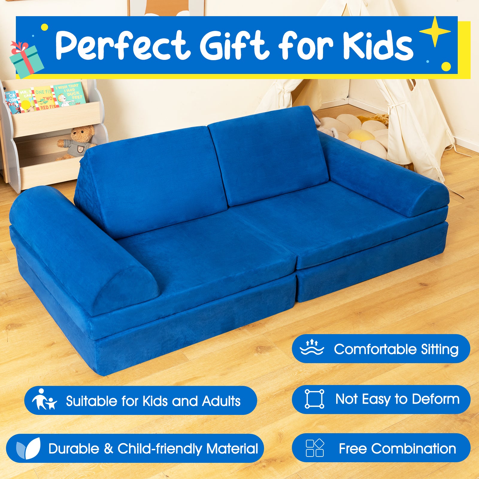 6 Pieces Modular Convertible  Kids Play Couch Sofa-Blue