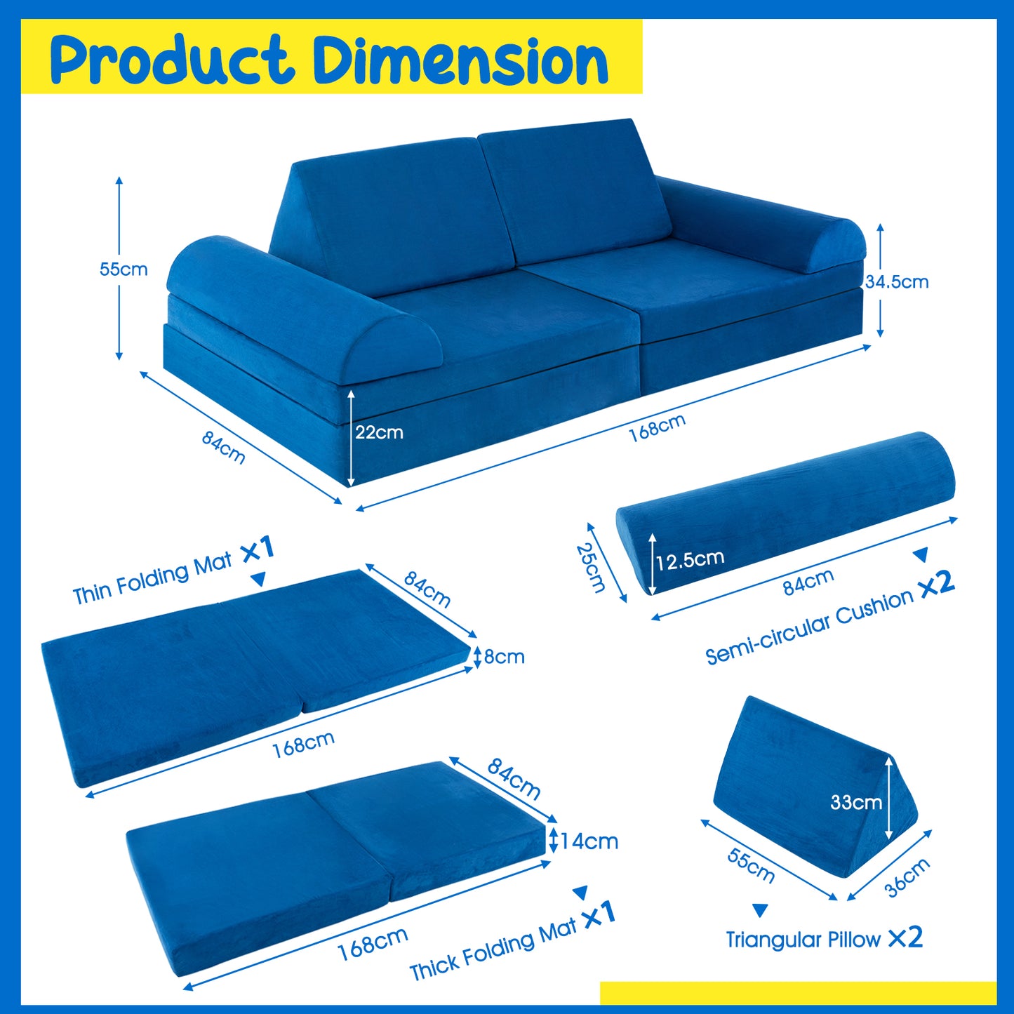 6 Pieces Modular Convertible  Kids Play Couch Sofa-Blue