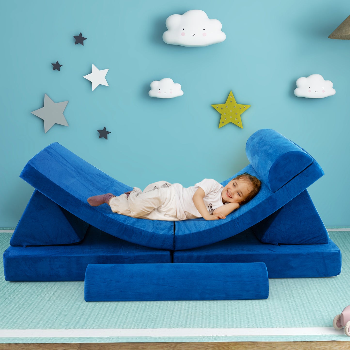 6 Pieces Modular Convertible  Kids Play Couch Sofa-Blue