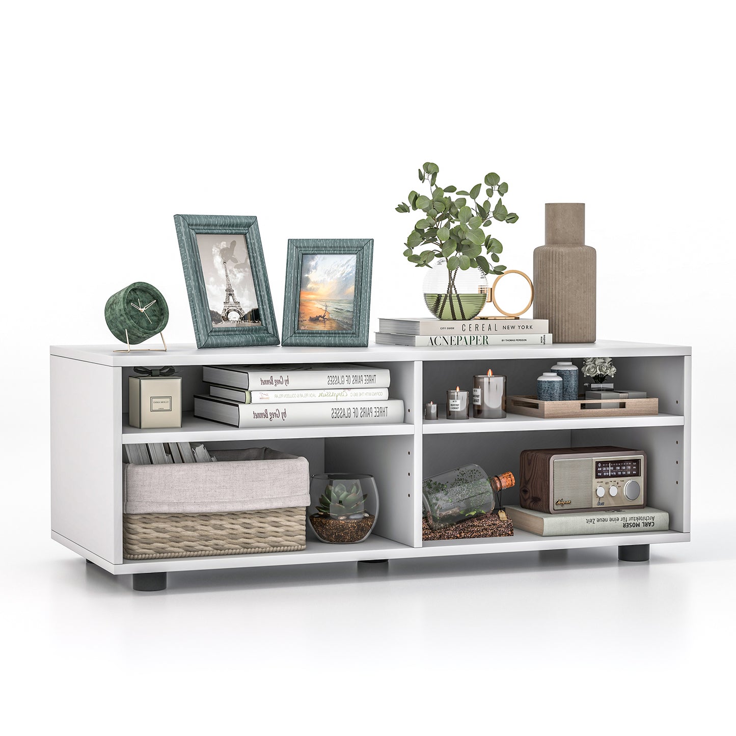 Home TV Stand with 5 Positions Adjustable Shelves for TV up to 4 Cubbies-White