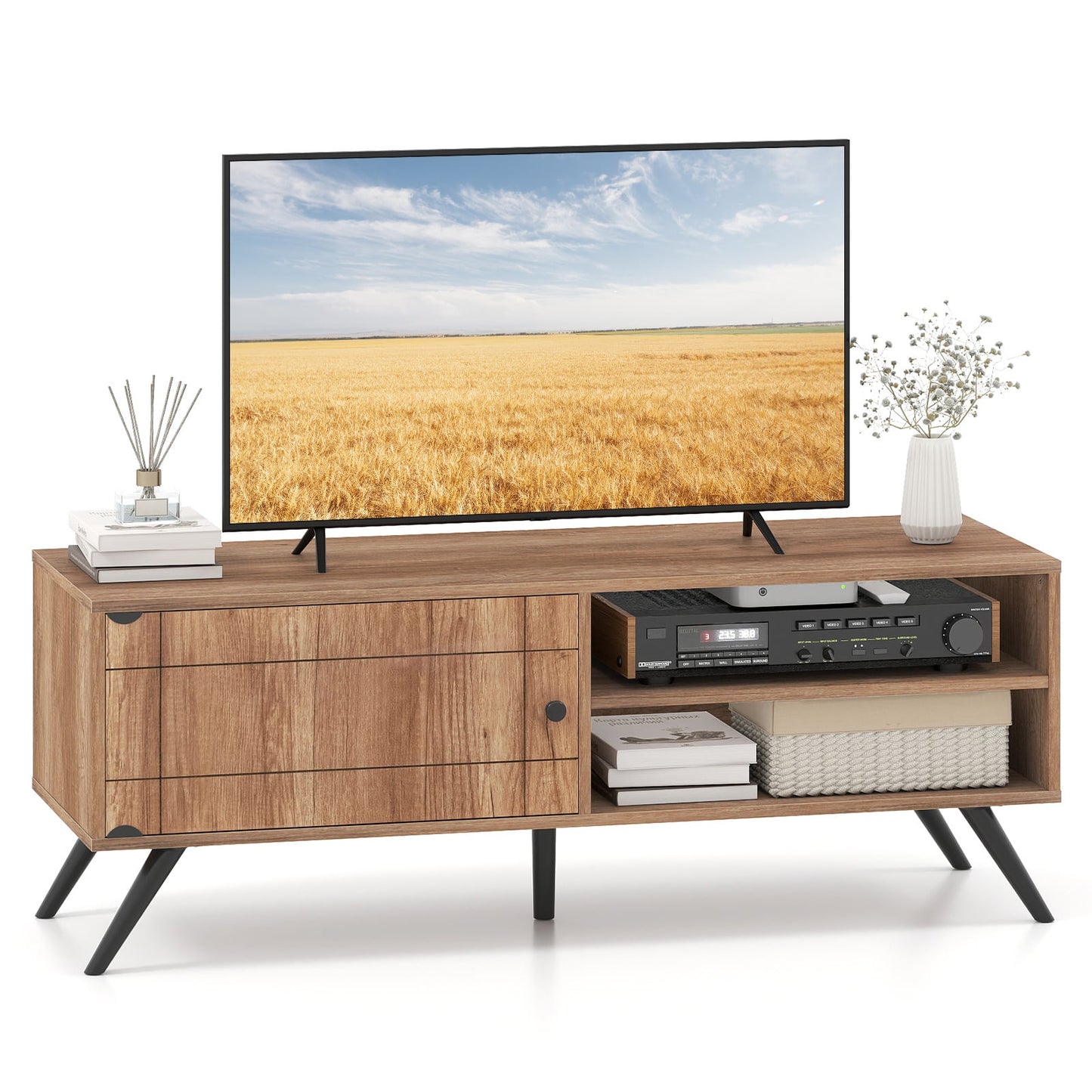 Mid Century Modern Entertainment Center with Cable Hole and Raised Legs-Oak