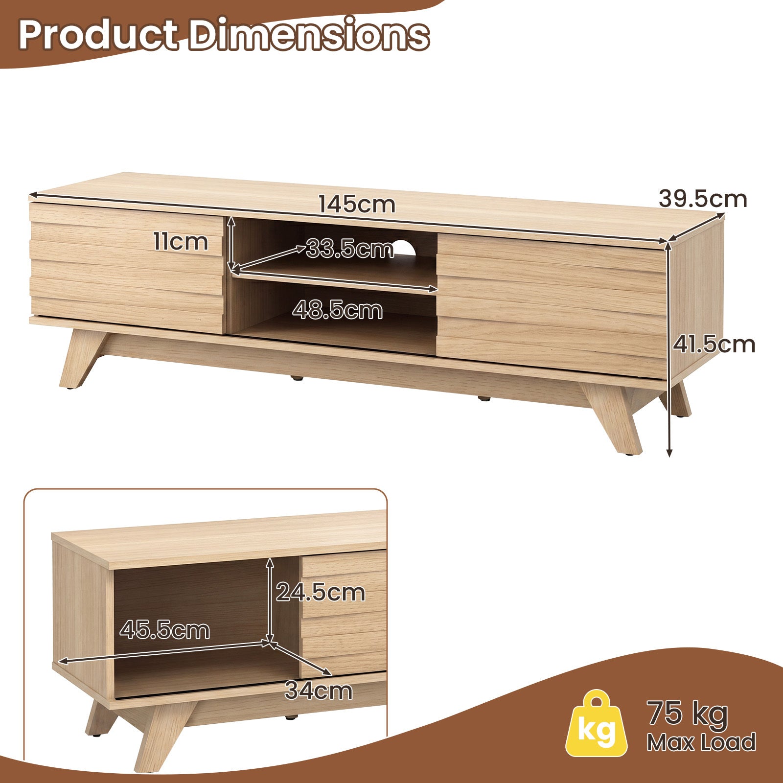 Wooden Media Console with 2 Sliding Doors for TVs-Natural