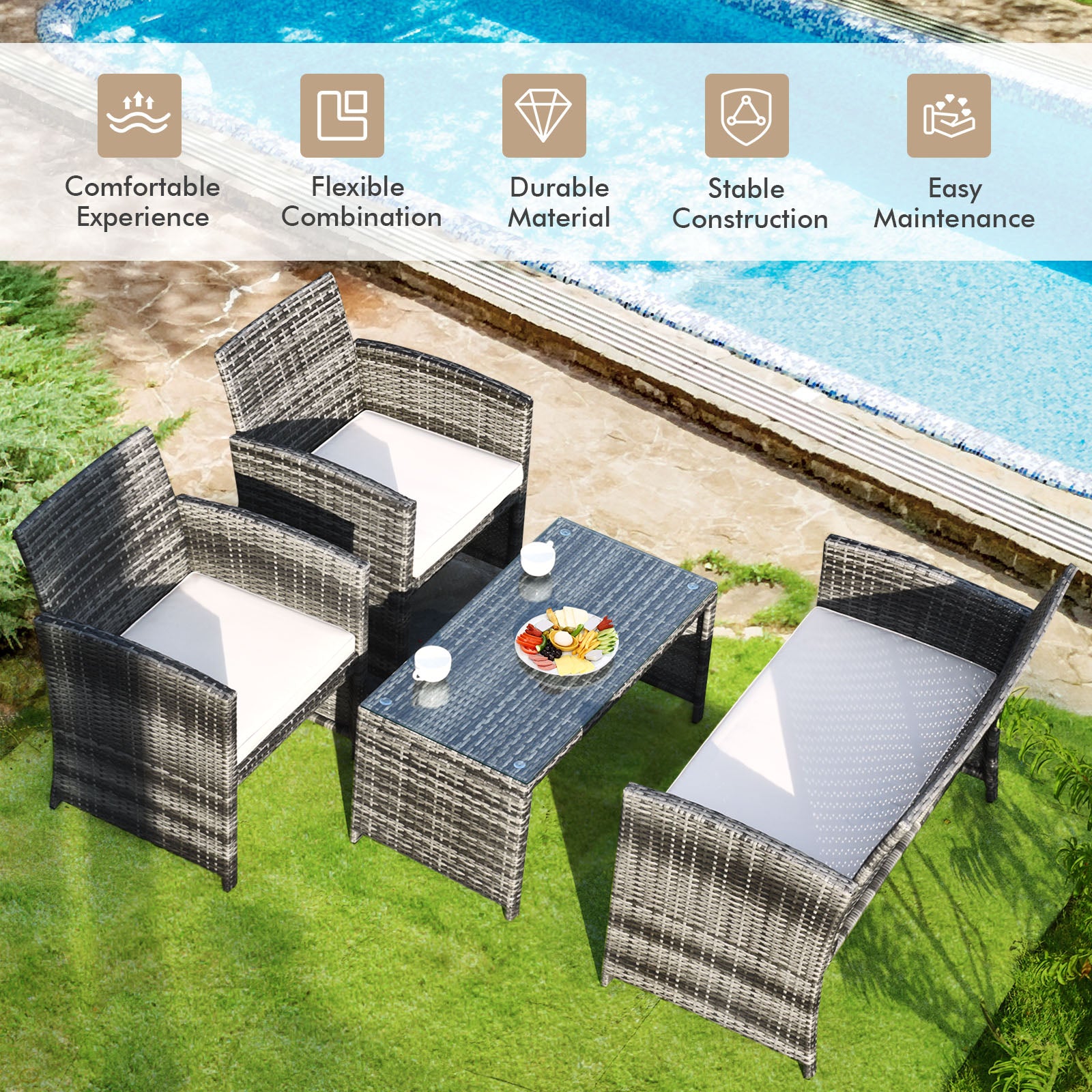 4 Pieces Patio Furniture Set with Cushions and Coffee Table-White