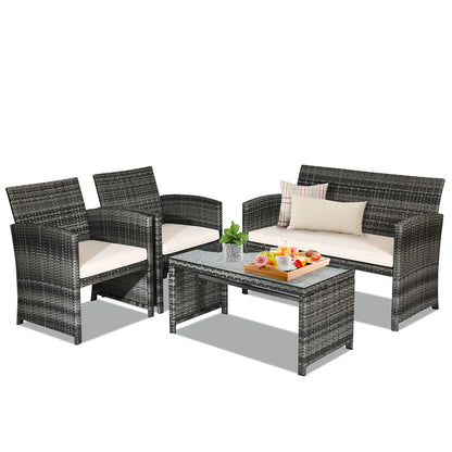 4 Pieces Patio Furniture Set with Cushions and Coffee Table-White