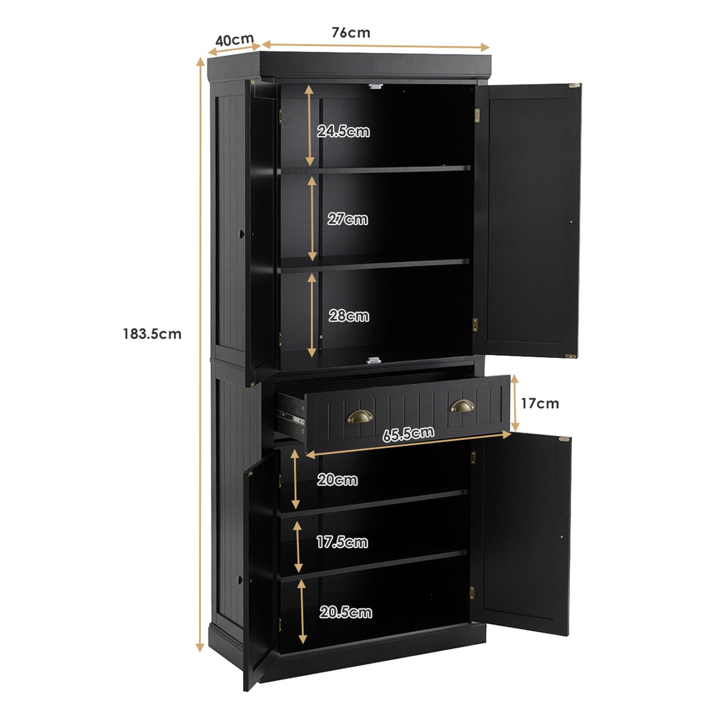 4-Door Tall Kitchen Cupboard Adjustable Shelves and Drawer-Black