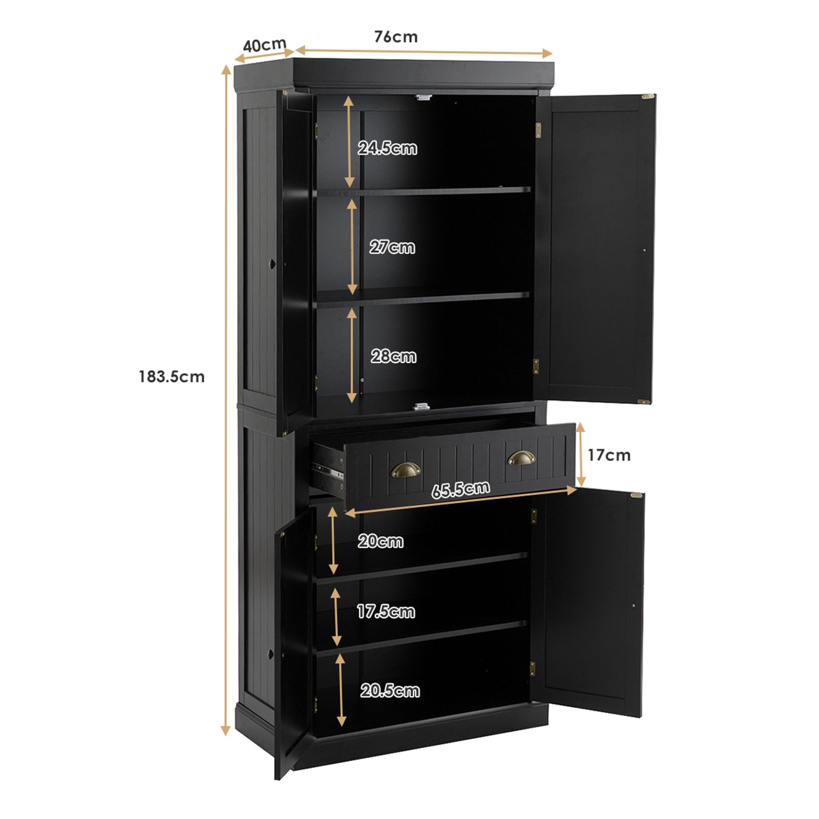 4-Door Tall Kitchen Cupboard Adjustable Shelves and Drawer-Black