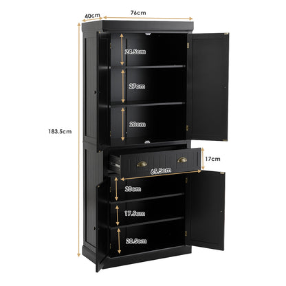 4-Door Tall Kitchen Cupboard Adjustable Shelves and Drawer-Black