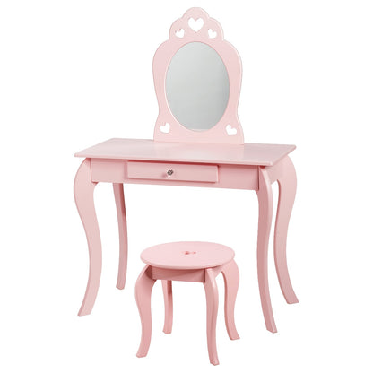 Kids Vanity Table and Stool with Removable Mirror and Drawer-Pink