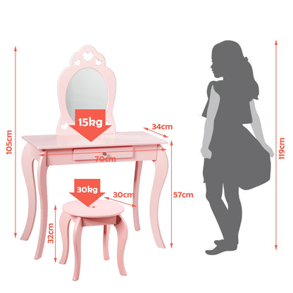 Kids Vanity Table and Stool with Removable Mirror and Drawer-Pink