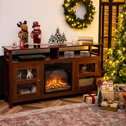 Living Room Console Table for TVs with Wooden Fireplace and 2 Cabinets -Brown
