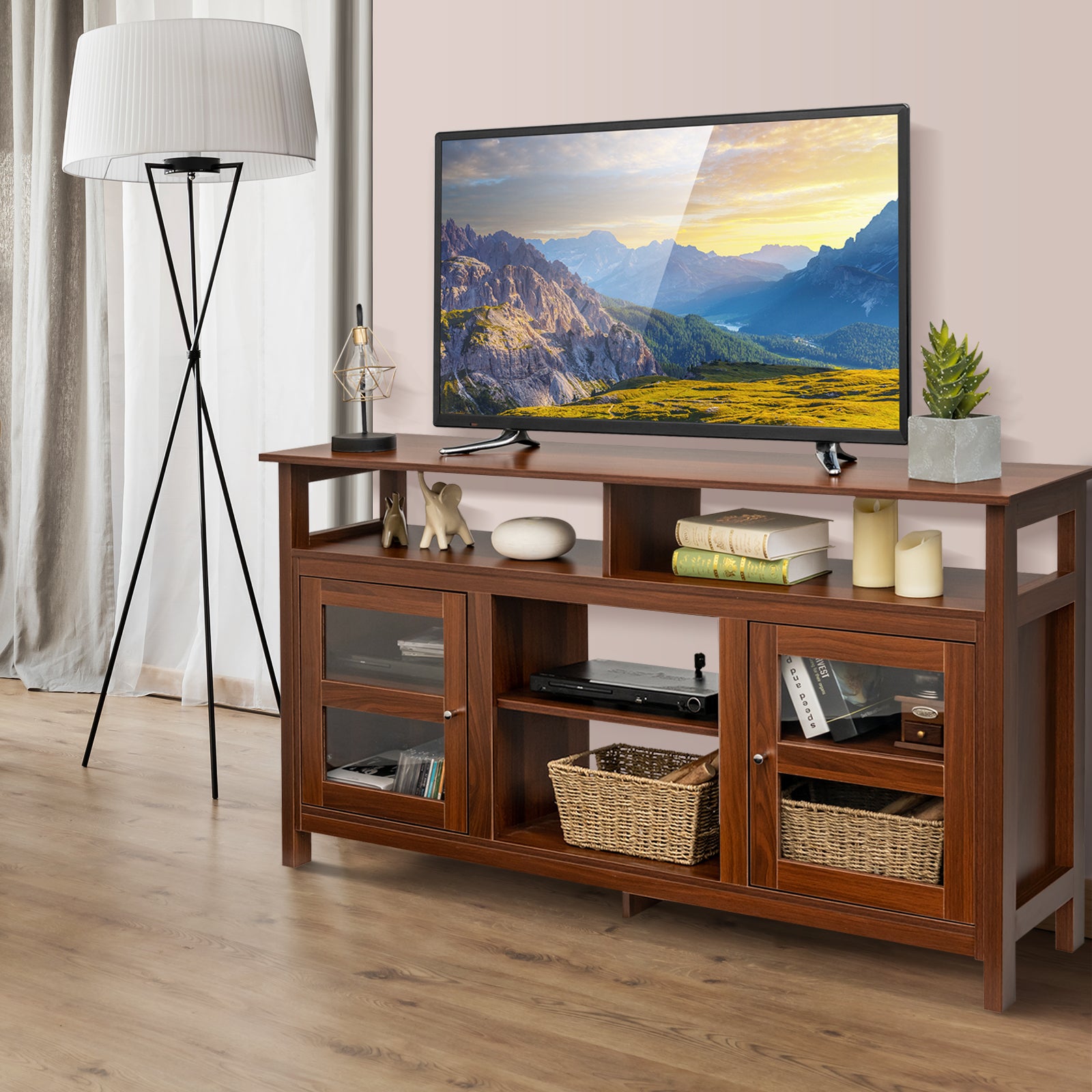 Living Room Console Table for TVs with Wooden Fireplace and 2 Cabinets -Brown