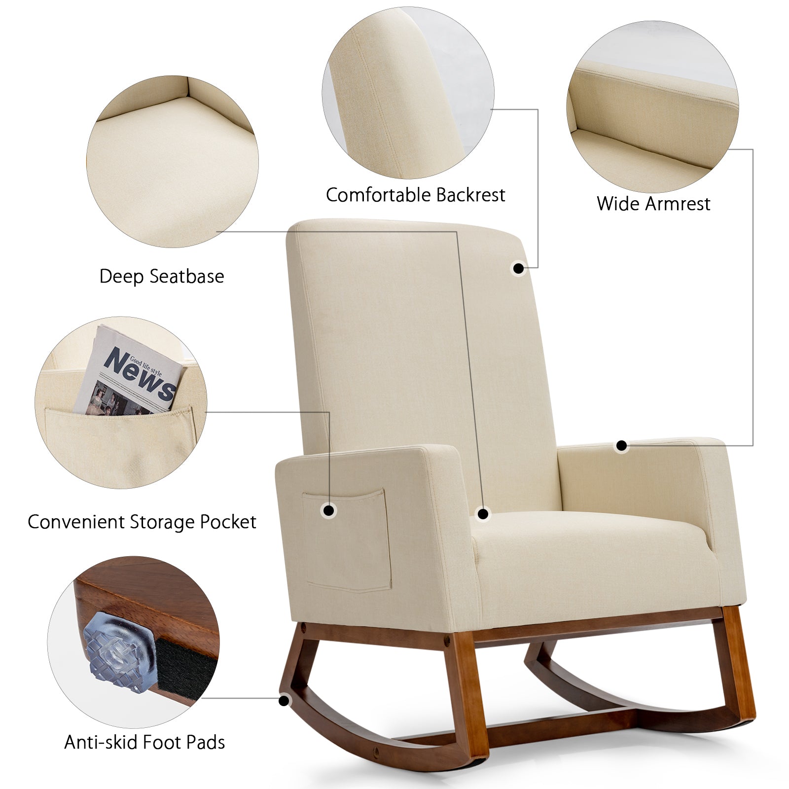 Upholstered Fabric Armchair with Rubber Wood Base-Beige