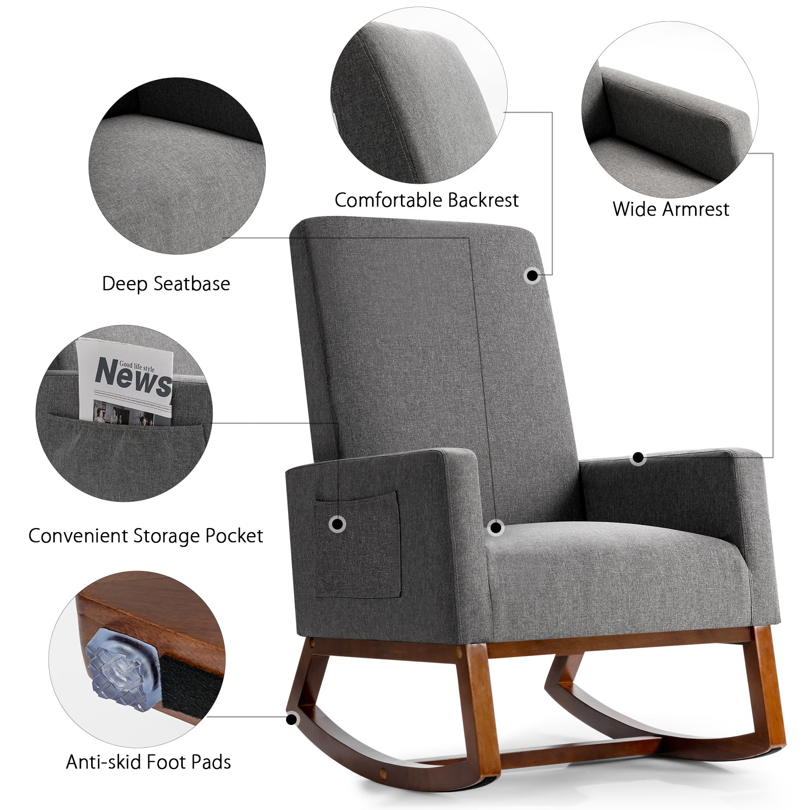 Upholstered Fabric Armchair with Rubber Wood Base-Grey