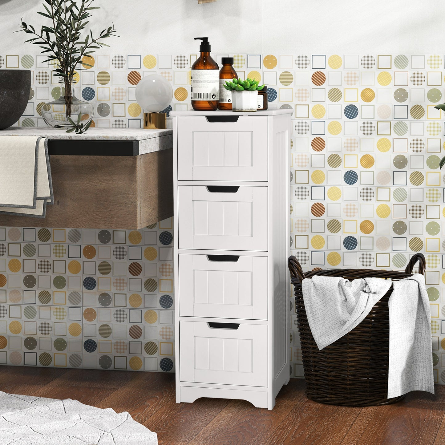 Floor Storage Cabinet Freestanding Bathroom Cabinet with 4 Drawers-White